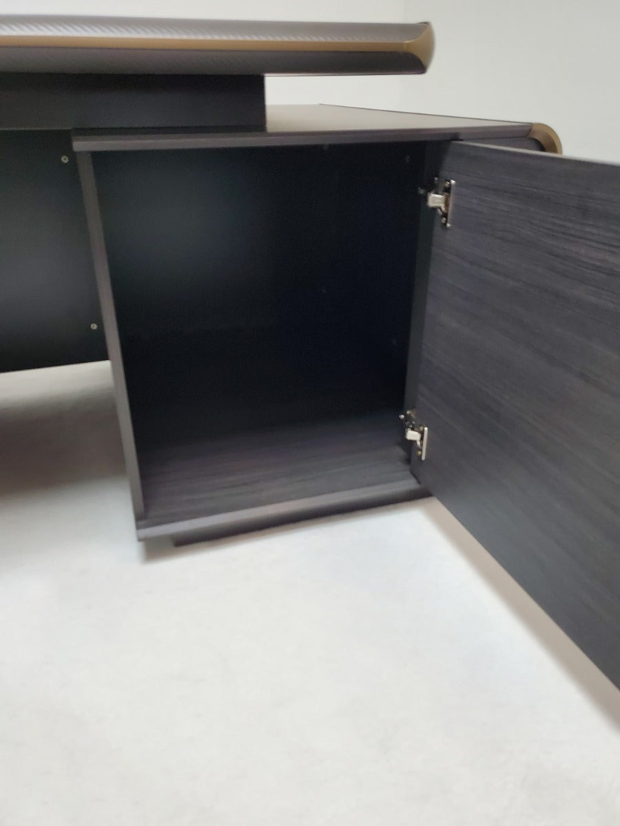 Large Modern Grey Oak Executive Corner Office Desk with Carbon Fibre and Brass Metal Edging - 2400mm / 2800mm / 3200mm - FP60-D01